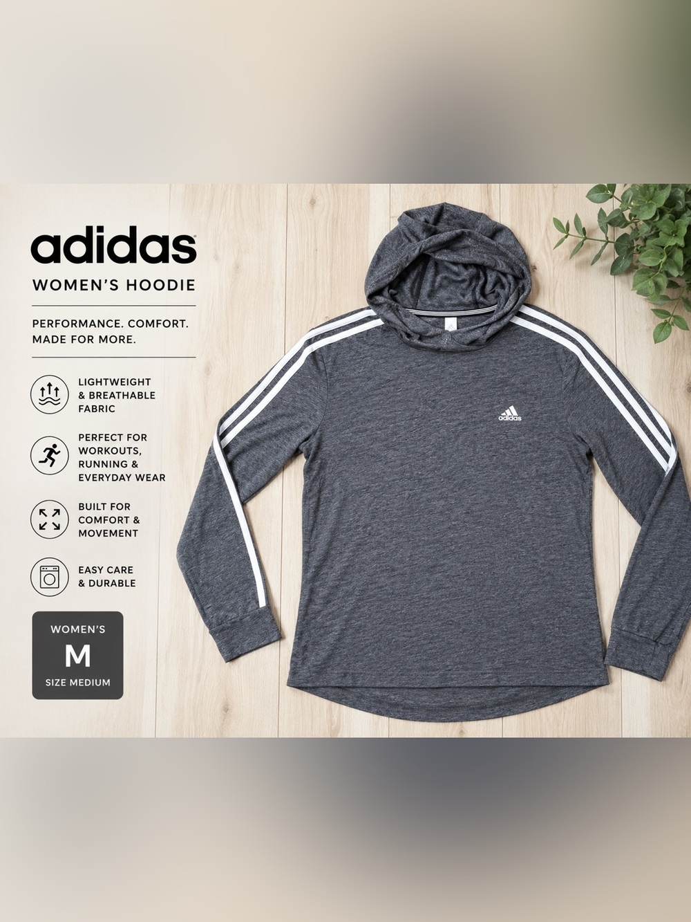 Adidas Women’s Medium Gray 3 Stripe Pullover Hoodie Athletic Running Activewear